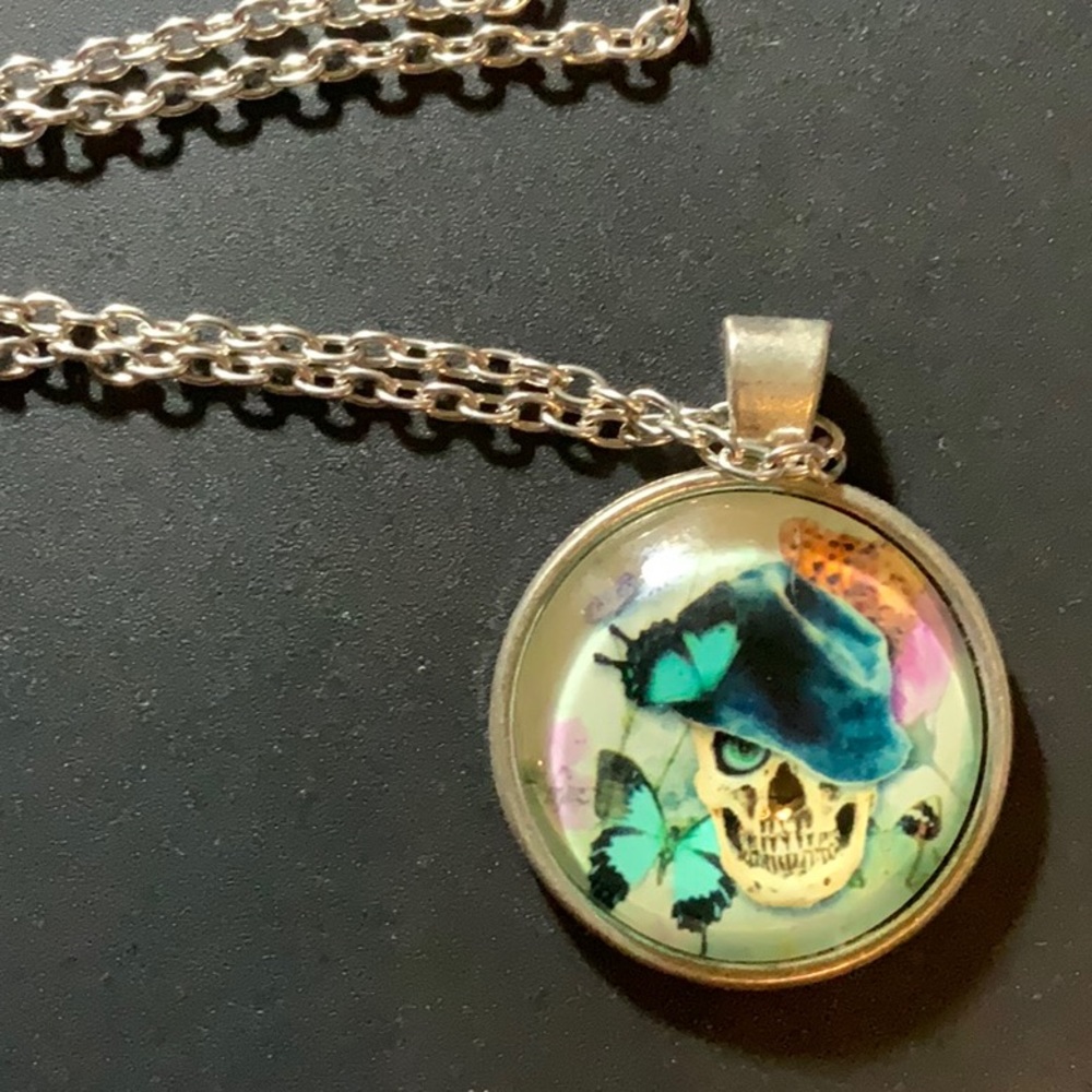 Silver Cabochon Necklace - Skull with Fedora and Butterflies